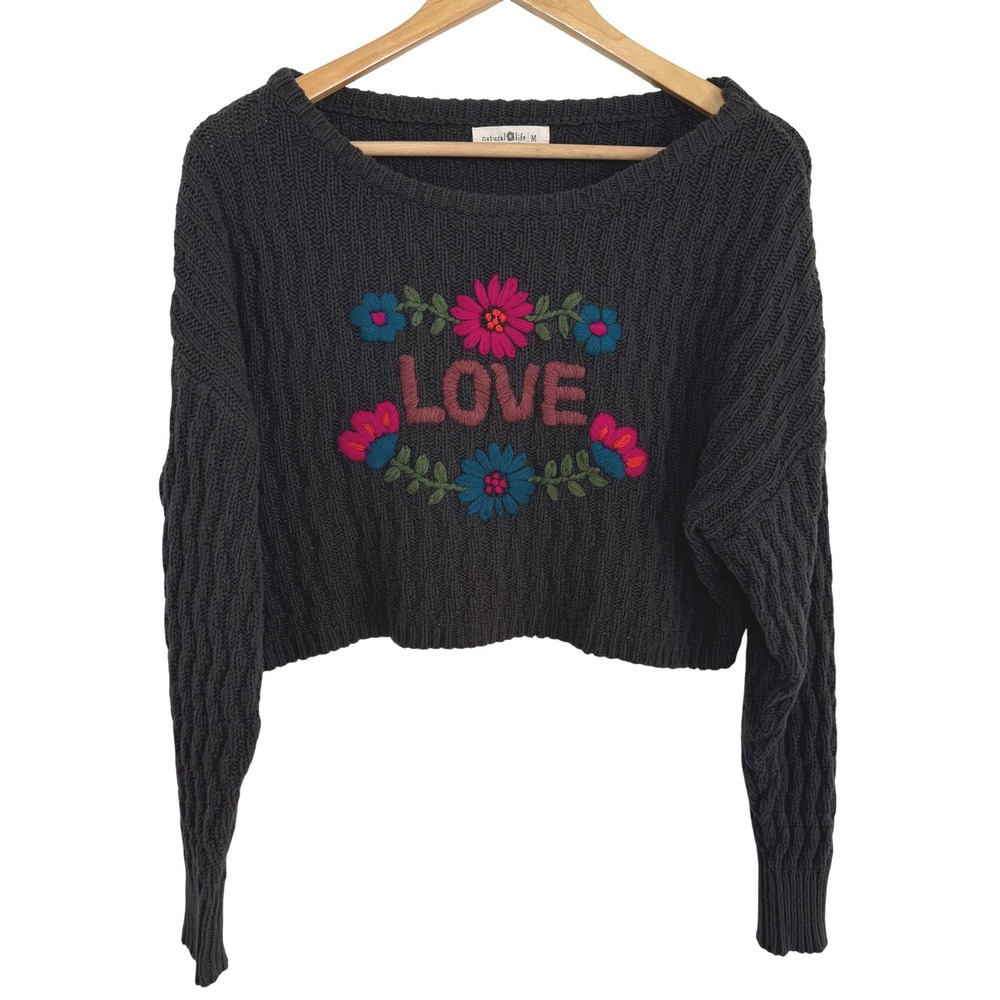 Natural Life Cropped Sweater Medium Floral Embroidered Love‎ Boho Granola Girl